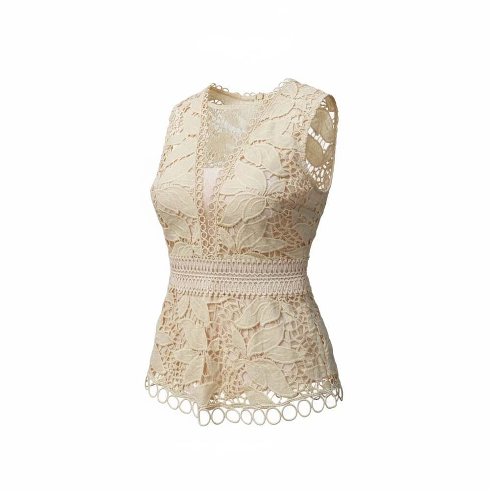 AQUA Women's Pale Yellow Floral Guipure Lace Sleeveless Peplum Blouse